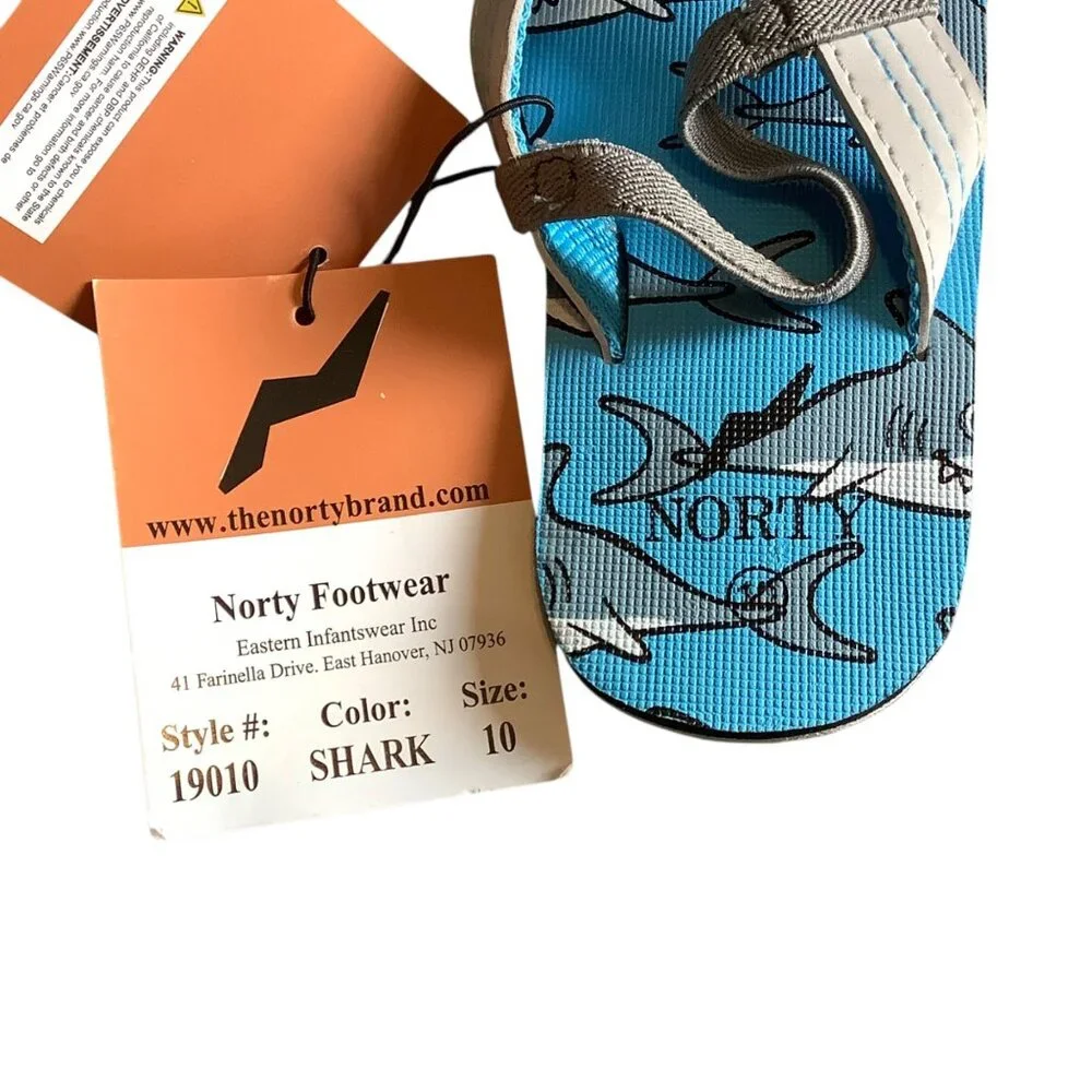 Norty‎ Kids Shark Print Flip Flops Size 10 Blue & Gray Rubber Sandals